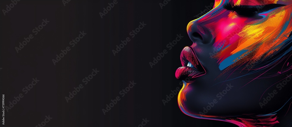 Abstract portrait of a beautiful black woman with neon disco make up. AI generated image. Abstract portrait of a beautiful black woman with neon disco make up. AI generated image.