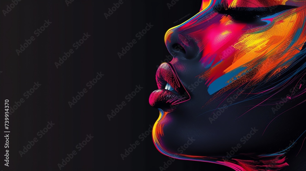 Abstract portrait of a beautiful black woman with neon disco make up. AI generated image. Abstract portrait of a beautiful black woman with neon disco make up. AI generated image.