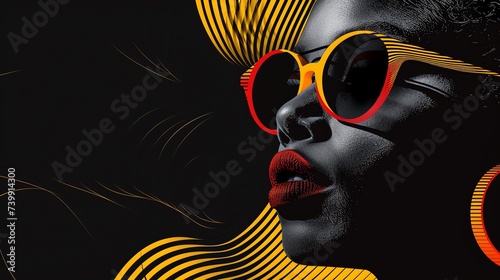 Abstract portrait of a beautiful black woman with neon disco make up. AI generated image.