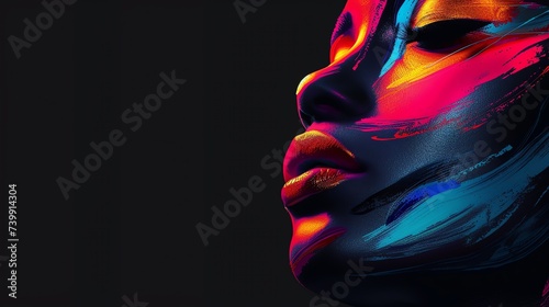 Abstract portrait of a beautiful black woman with neon disco make up. AI generated image.