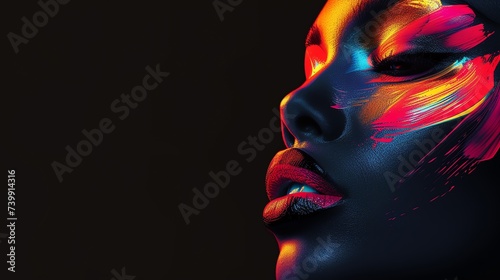 Abstract portrait of a beautiful black woman with neon disco make up. AI generated image.