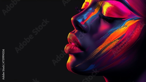 Abstract portrait of a beautiful black woman with neon disco make up. AI generated image.