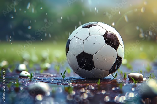 A soccer ball sits on the grass. In the rain, blurred background, concept, children's football, sports, football, futsal or soccer. © EC Tech 