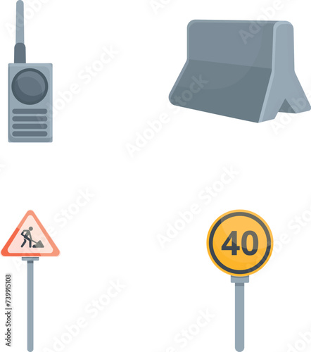 Road repair icons set cartoon vector. Equipment for road reconstruction. Warning sign