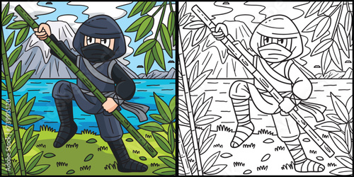 Ninja with a Bamboo Pole Coloring Illustration