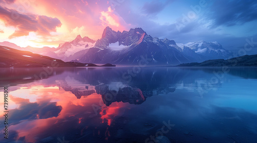 Fantastic pink mountain landscape in the mountains, lake