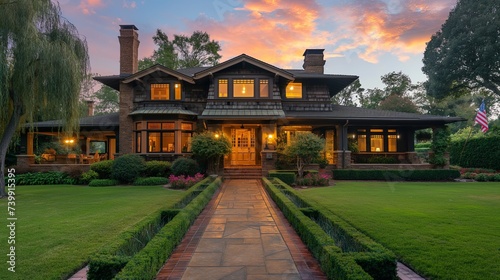 A classic craftsman home with a brick facade, a yellow front door, and a flagpole on the lawn