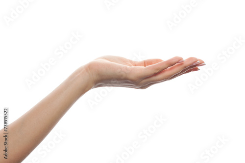 Empty open female palm hand isolated on white background. Advertising marketing or product placement concept