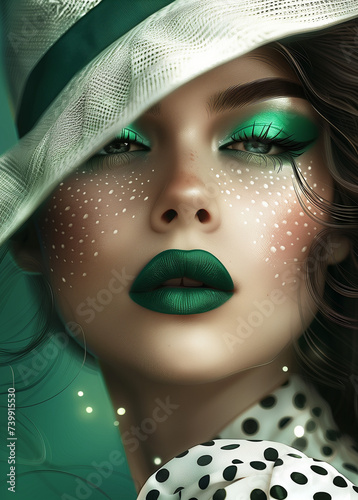 Portrait of a beautiful woman model in a hat with green lips