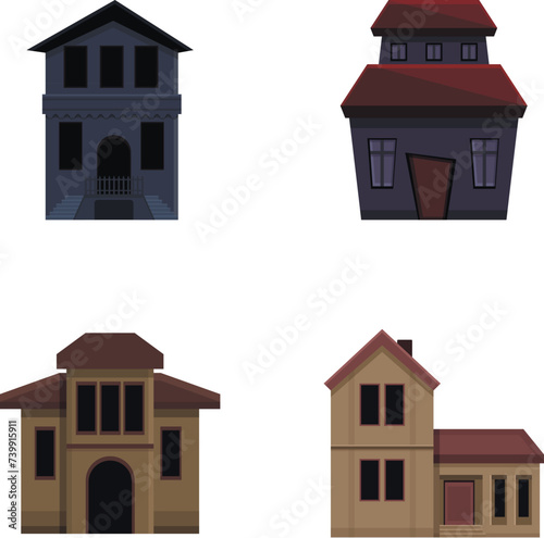 Abandoned house icons set cartoon vector. Various dwelling in bad condition. Architecture theme