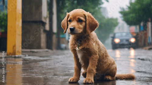 Cute little puppy sitting on the wet floor in the rain Stray homeless dog Sad 