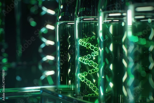 DNA molecules form inside a test tube in a blood test device. Concept, science, gene editing, genetics, DNA editing, beautiful green color, futuristic, hi-tech, future.