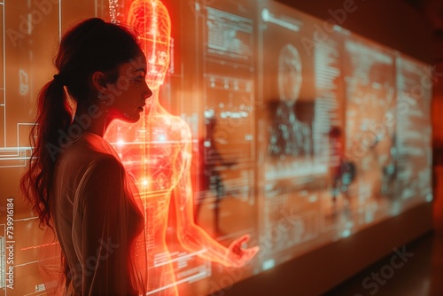 A young woman looks at a brightly colored transparent virtual panel that displays the health status of the human body.