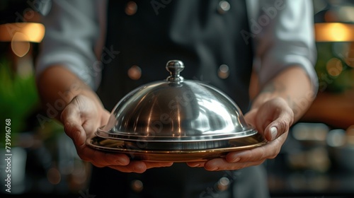 waiter hand with tray and metal cloche photo
