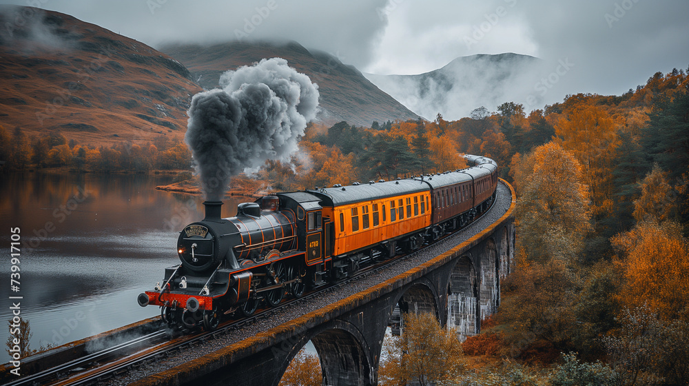 Obraz premium Train pulled by a steam locomotive travels over the bridge.