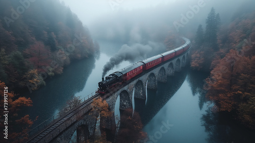 Train pulled by a steam locomotive travels over the bridge.