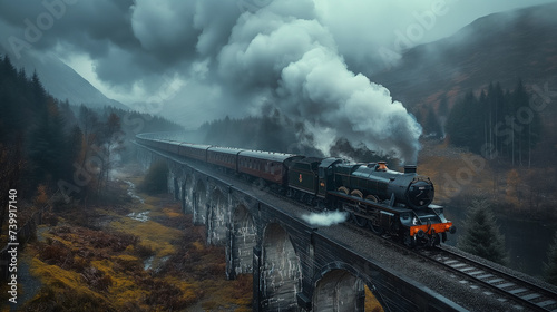 Train pulled by a steam locomotive travels over the bridge.