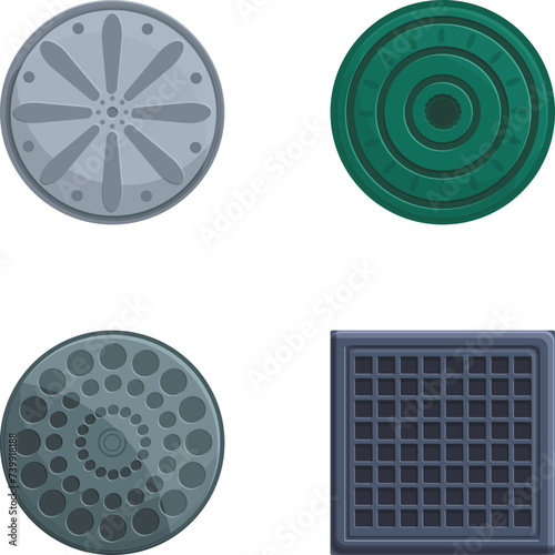 Road hatch icons set cartoon vector. Road manhole of various shape and color. City construction