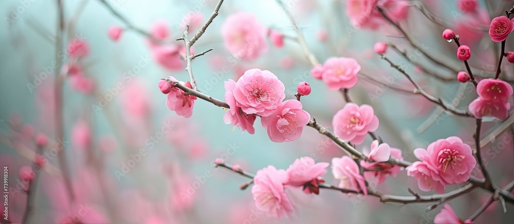 Beautiful pink flowers are blooming on bare branches of a tree. Beautiful pink flowers are blooming on bare branches of a tree.
