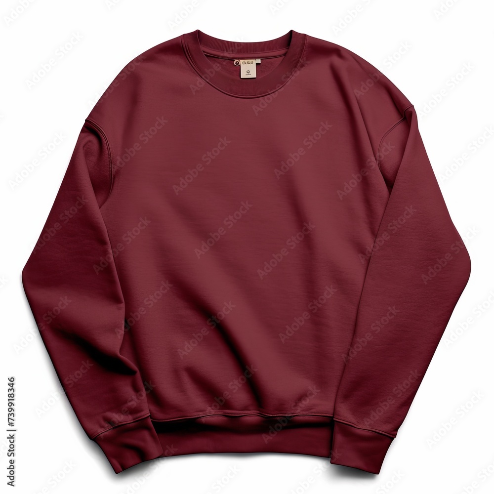 Maroon color crew-neck sweatshirt lying flat and folded on top of a white background Maroon color crew-neck sweatshirt lying flat and folded on top of a white background