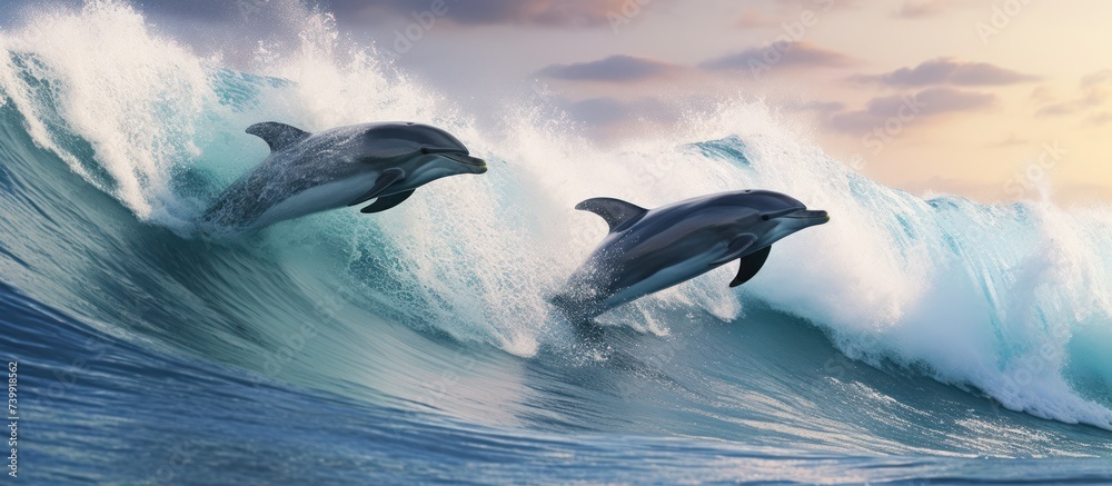 Fototapeta premium dolphins jumping in the waves in the late afternoon