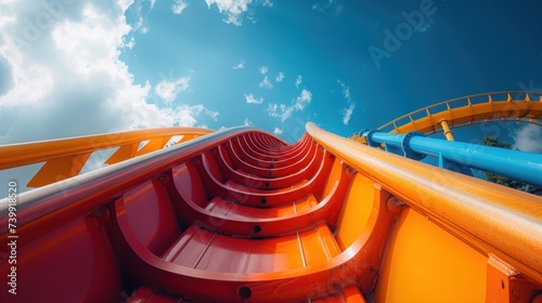 a rollercoaster track and the blue sky
