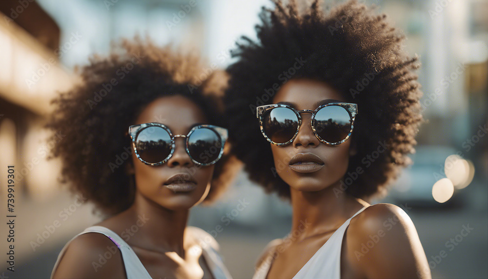 portrait of afro american women with black sunglasses, glasses advertising shoot, copy space for text
