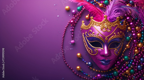 Mardi Gras carnival mask and beads on purple background, copy space, generative ai