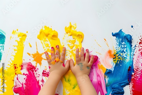very buttiful imageA childs hands create colorful art on a white wall. Concept Art, Childhood, Creativity, Colorful, Playful photo