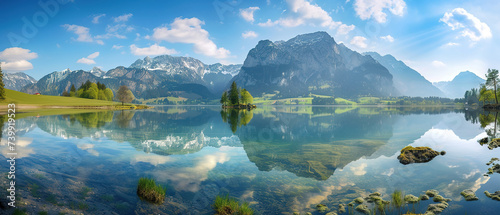 Beautiful spring scene of a lake. Colorful morning view of mountains in Europe  photo