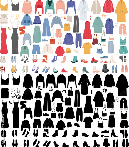 set of women s clothing  shoes  jewelry and bags on a white background vector