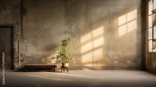 Solitude and light in an abandoned room with a single plant © thodonal