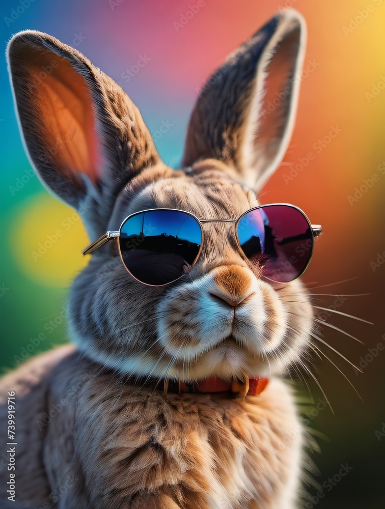 Photo Of Cool Bunny With Sunglasses On Colorful Background.