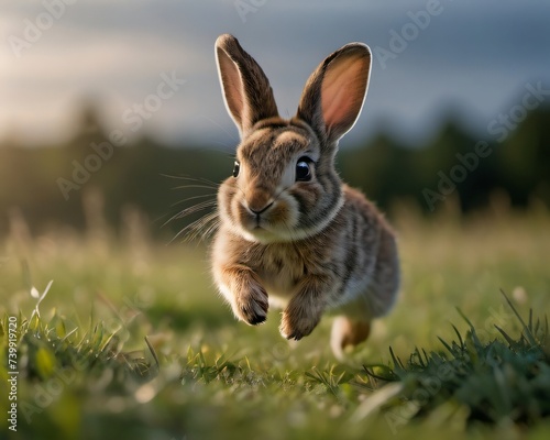 Photo Of A Baby Rabbit Hopping Across A Meadow, Its Nose Twitching And Its Ears Perked Up. © Pixel Matrix