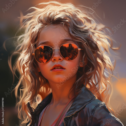 Cool little beautiful girl with sunglasses and trendy clothes on the street, illustration generated by AI 
