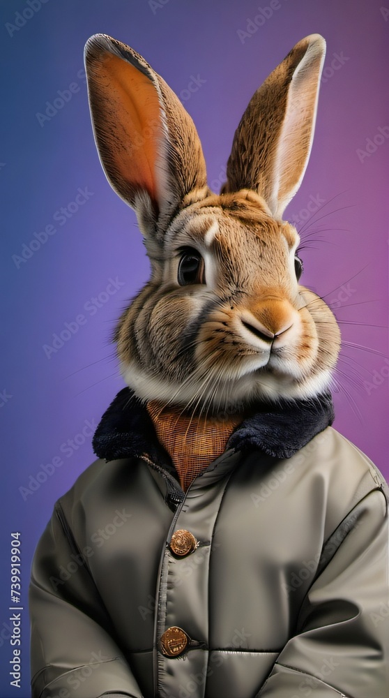 Photo Of Elegant Adult Rabbit Wearing A, Mal Jacket On A Color Background.