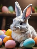 Photo Of Happy Easter Bunny With Many Colorful Easter Eggs.