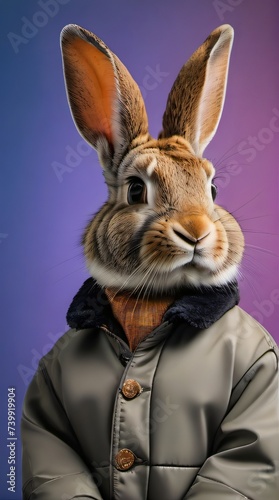 Photo Of Elegant Adult Rabbit Wearing A, Mal Jacket On A Color Background.