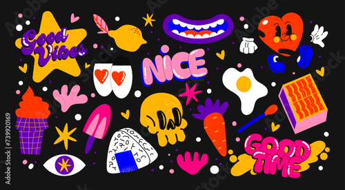 Cartoon groovy stickers set. 90s cute design. hearts ,stars, geometric, food. Halloween retro hippie acid set	