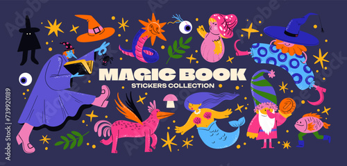 Cartoon set of stickers mystical characters, sorcerers, spirits, of magic and witchcraft. 90s retro wild magic design.Skull,cards,fairy tale, stars, witchcraft, enchantment. Halloween set	