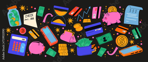Cartoon abstract business and finance stickers. Retro shapes of money, piggy bank, credit, business analytics, coins, savings, bills. Trendy bright patches