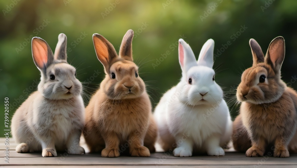 Photo Of Cute Rabbits Sit In Circles On A Wooden Table Against A Background Of Nature, Easter Concept And Background, Holidays.