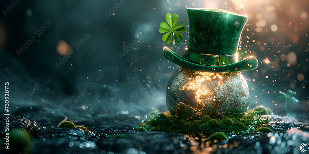 Saint Patrick green hat with green leaves and clovers with scattering representing fortune luck - obrazy, fototapety, plakaty 