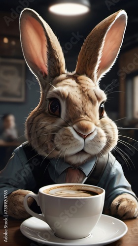 Photo Of Grungy Noise Texture Art, Happy Rabbit Drinking Coffee. © Pixel Matrix