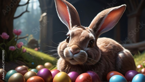 Photo Of Easter Bunny With Chocolate Eggs In A Mysterious, Est.