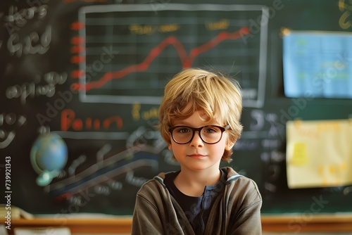 Child wearing glasses poses with blackboard charts in a Math Club classroom. Concept Child, Glasses, Blackboard, Math Club, Classroom