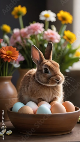 Photo Of A Brown Bunny Sitting In A Bowl Filled With Eggs On Top Of A Table Next To A Bunch Of Flowers. © Pixel Matrix