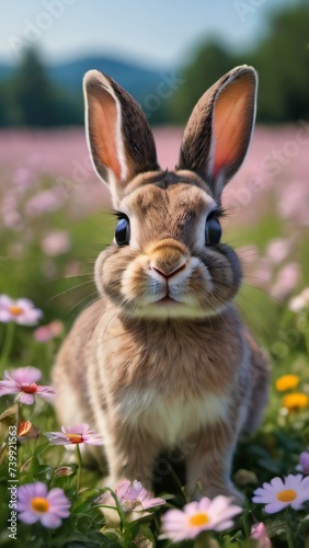 Photo Of Cute Bunny Rabbit With Big Eyes Standing In A Field Of Flowers Illustration.