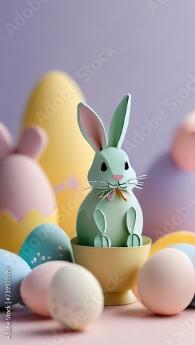 Photo Of Easter Bunny With Easter Eggs Paper Cut Outs In Pastel Colours.