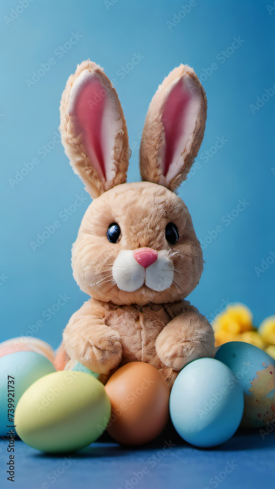 Obraz premium Photo Of A Sweet Stuffed Bunny With Easter Eggs On The Blue Background, Edited Ai Illustration.